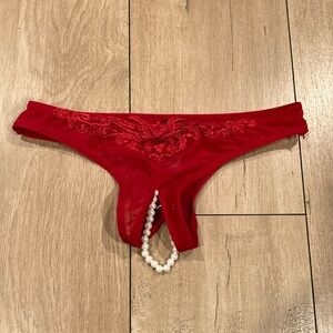 Ohlalacheri Fres Sexy  Paris Thong Red with Faux Pearls Croch  Size OS